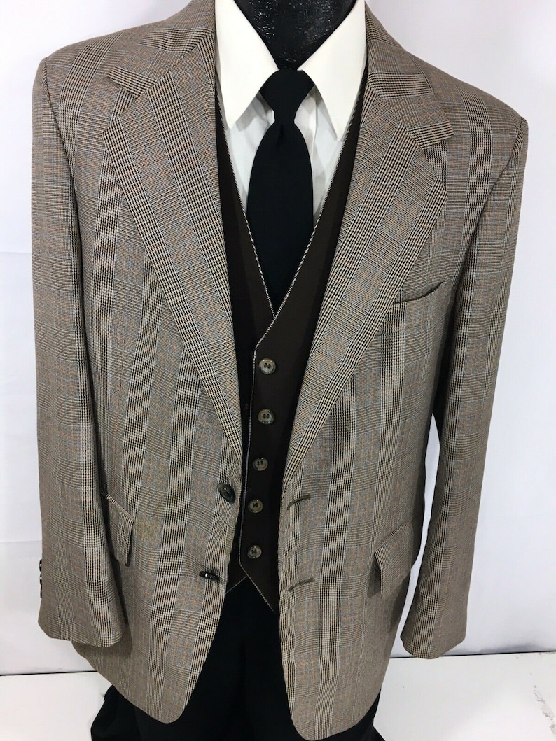 3 pc Vintage 60/'s Palm Beach Men Brown Houndstooth GLEN PLAID Wool Bankers Suit 40 R /& Vest Trousers Pants Slacks 3630