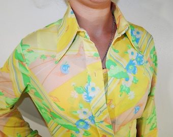 2 pc Vtg 60 70's Ship'n Shore Women Yellow Polyester Knit Floral Summer Button Up Blouse & Tank Set MoD Top Hippie Shirt Retro 14