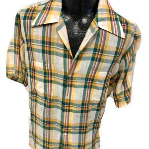 Vintage 50 60's JcPenney Men Yellow Green SHADOW PLAID MoD Short Sleeve Ultra THIN Soft Rockabilly Shirt L image 1