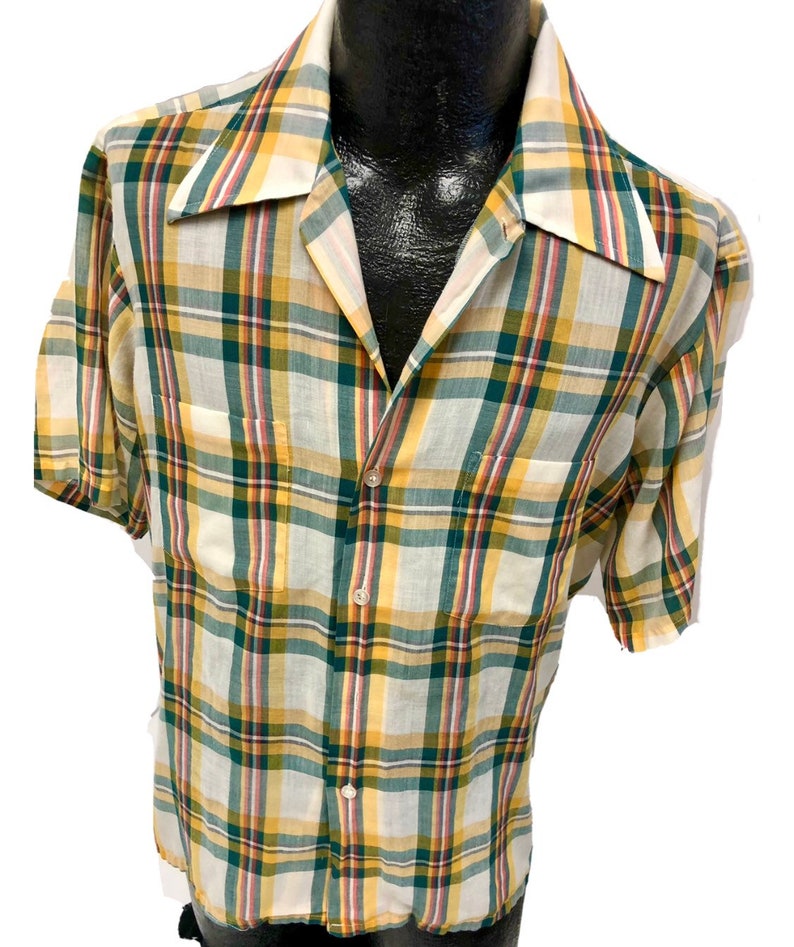 Vintage 50 60's JcPenney Men Yellow Green SHADOW PLAID MoD Short Sleeve Ultra THIN Soft Rockabilly Shirt L image 1