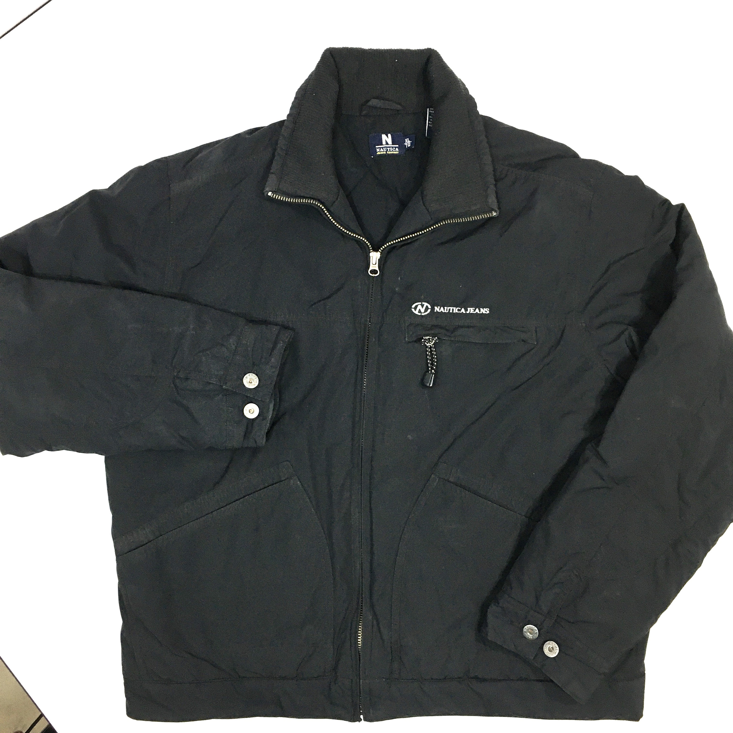 Vintage 90's NAUTICA Jeans Men's Black Nylon Puffer TRUCKER Jacket