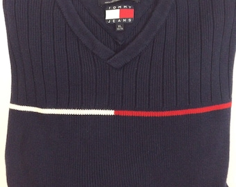 Vintage Vtg 90's Tommy Hilfiger Jean Men Blue KNIT Cotton V-Neck Sweater STREETWEAR Shirt XL