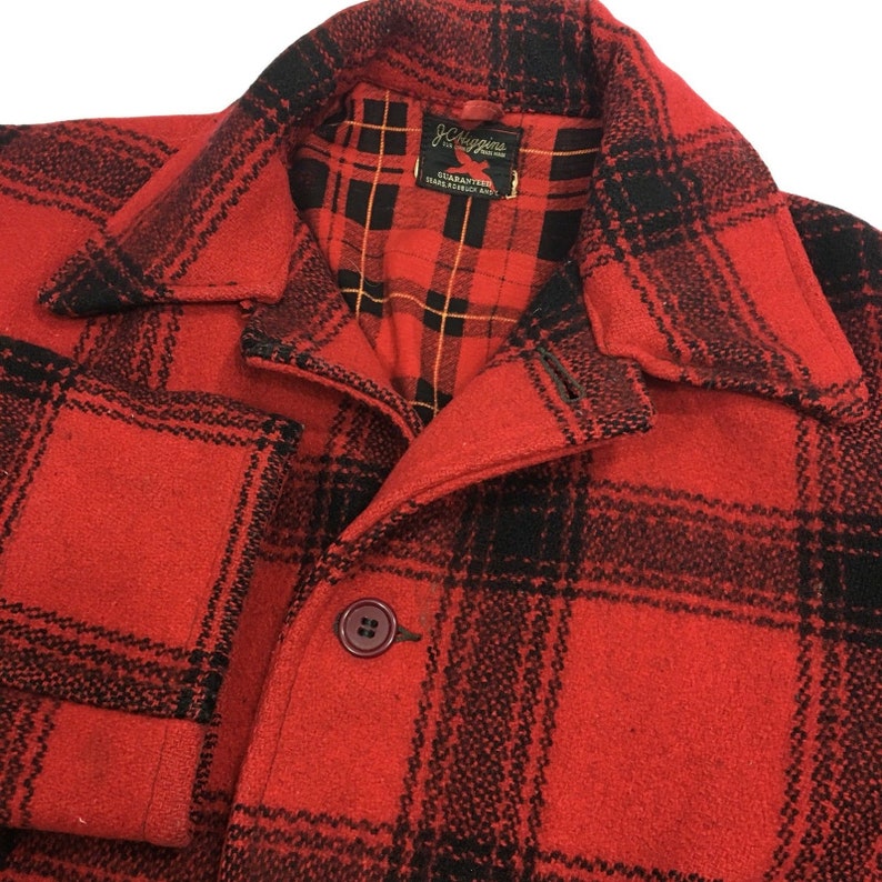 Vintage 50's Sears JC Higgins Men's Red Black BUFFALO Plaid Heavy Wool ...