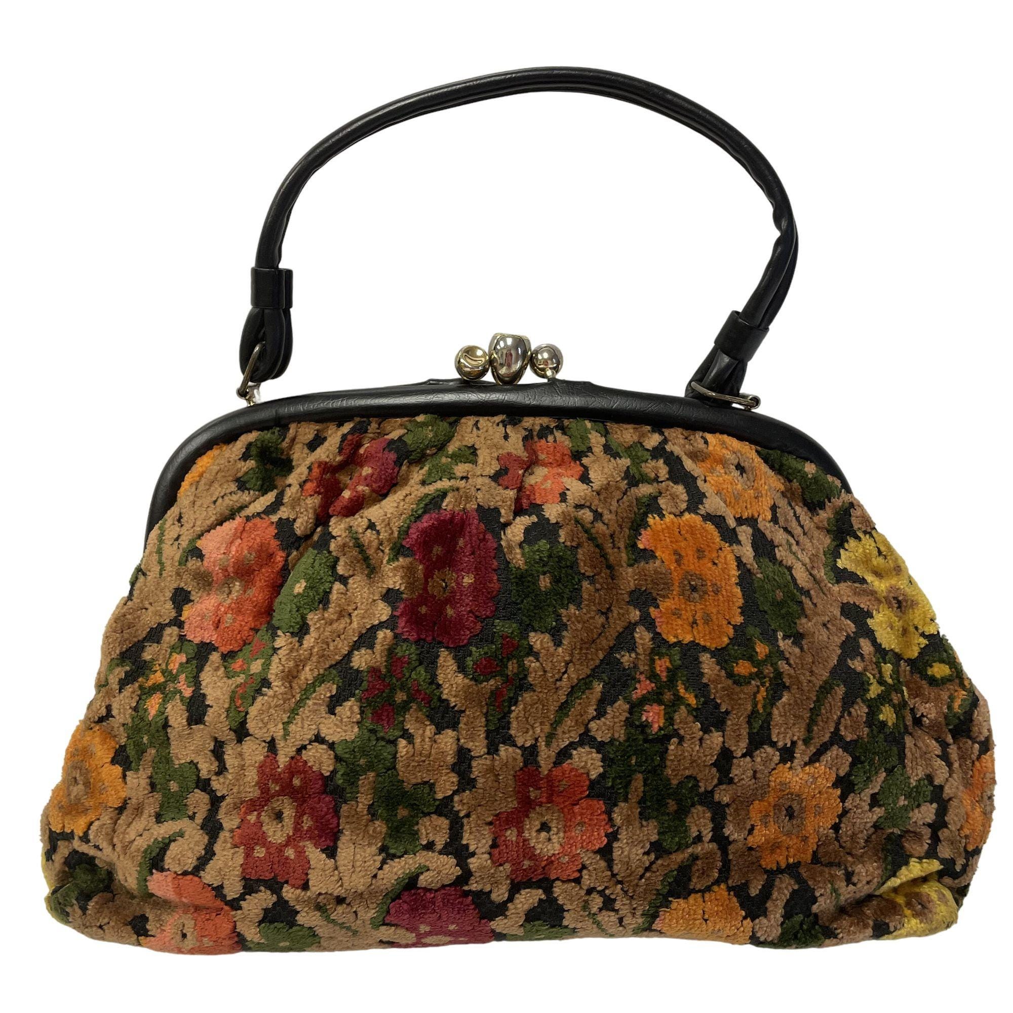 Vintage 60 70's FLORAL Hand Bag CARPET Velvet Purse HIPPIE Flower Power MoD Kiss Lock Satchel