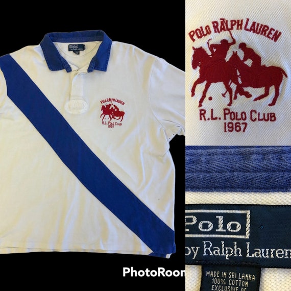 Vintage 90's Ralph Lauren White Blue Stripe RL Polo Club 1967 Logo