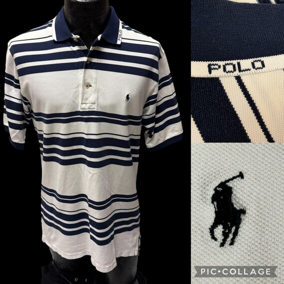 Vintage 90's Y2K Ralph Lauren Men's White Blue STRIPE Polo
