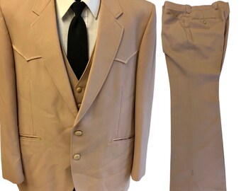 3 pc Vintage 70&#39;s Tan Beige Cowboy Western Jacket ROCKABILLY Rodeo DISCO Suit Trousers Vest 44 R