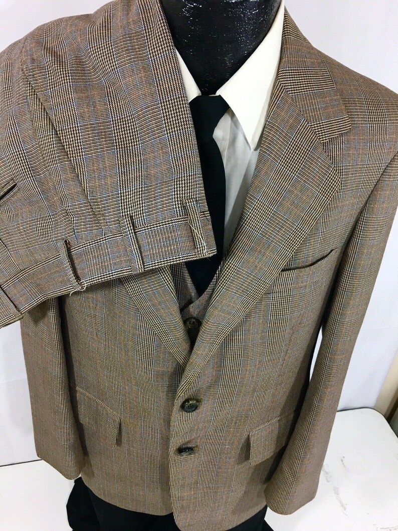 3 pc Vintage 60/'s Palm Beach Men Brown Houndstooth GLEN PLAID Wool Bankers Suit 40 R /& Vest Trousers Pants Slacks 3630