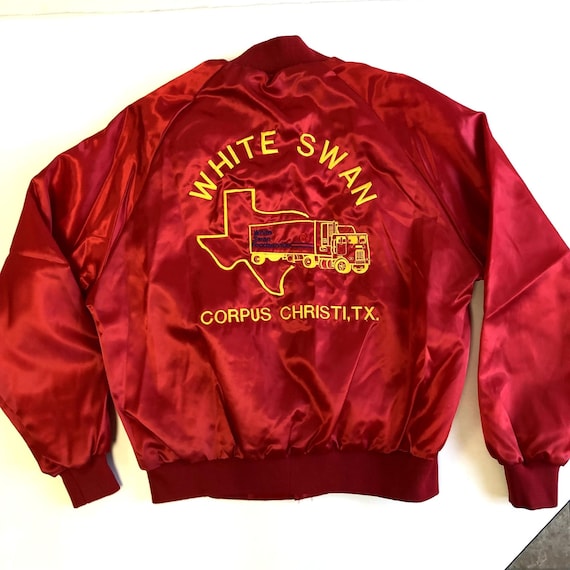 Vintage Auburn Red Satin Shiny Bomber White Swan … - image 1