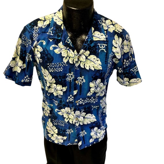 Vintage 80's Hawaii Blue Men's FLORAL Savages Isl… - image 1