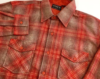 Vintage 60's Cellini Men's Red SHADOW PLAID Wool Flannel Chore Work Hunting Shirt L