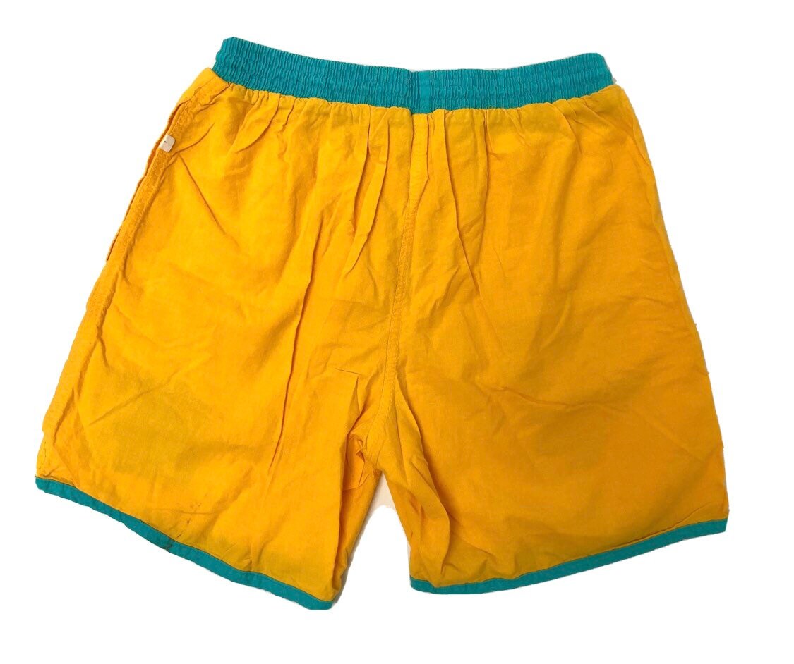 Vintage 80 90's HOBIE USA Neon Yellow Aqua Blue PUFFY Logo