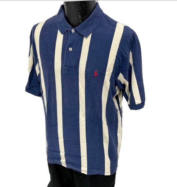 大人気新作 90's Vtg Ralph Logo Rider POLO Stripe Wide Blue BOLD Lauren トップス