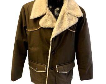 Vintage 70's Brown Cowboy Western Fleece Sherpa Lined Coat Rancher Work Jacket L