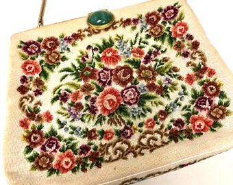 Antique Vintage 40 50’s MoD NEEDLEPOINT Hand Bag FLORAL Flowers Tapestry Evening VICTORIAN Purse