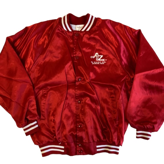 ジャケット・アウター vintag paint design short bomber jacket Vintage 80's Auburn SHINY Red SATIN Bomber AZ Paint Texas Painter