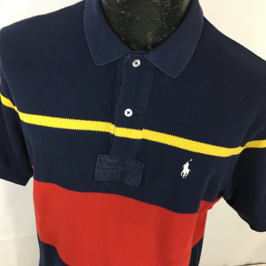Vintage 90's Ralph Lauren Men Blue Red Stripe RUGBY Polo Logo