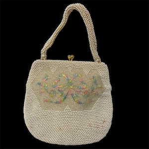Bolso de mano vintage de los años 50 con cuentas PETITE de Lumured, bolso de cóctel de noche, cartera con flores PASTEL y cierre de beso