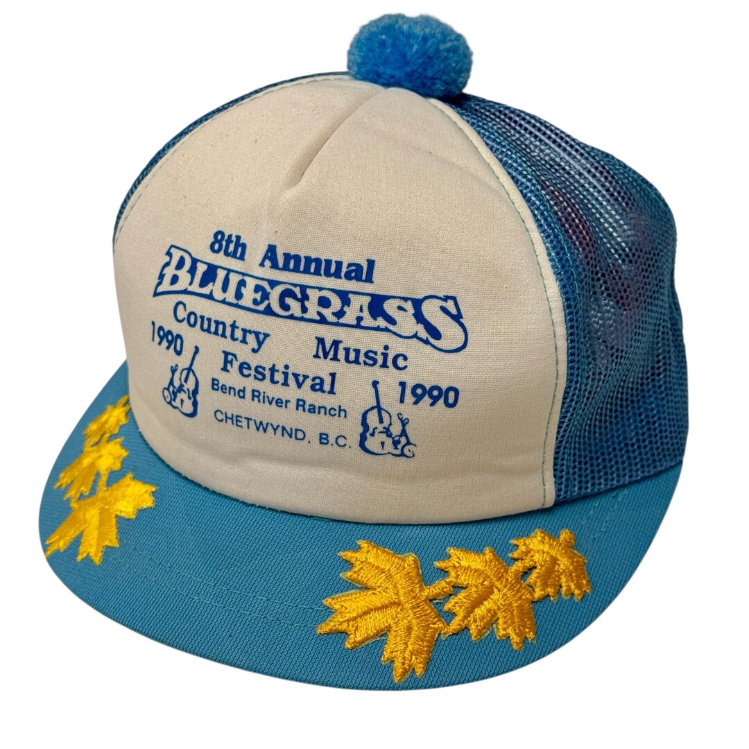 Vintage 1990 BLUEGRASS Country MUSIC Festival Mesh Hat Pom Pom Gold ...