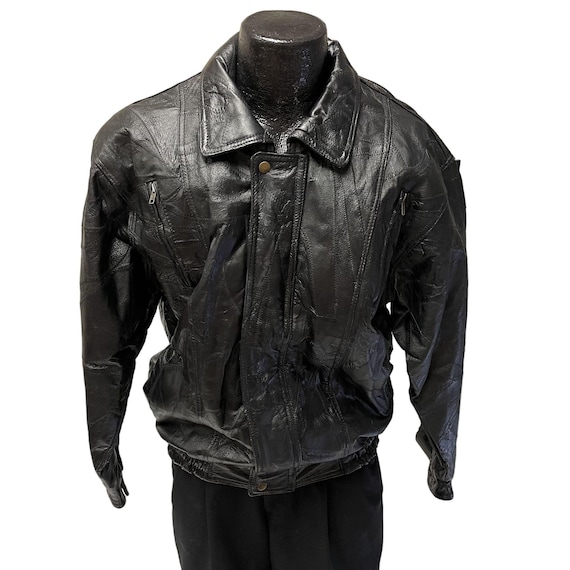 Vintage 80's Navarre Italian STONE Design Black Leather BOMBER