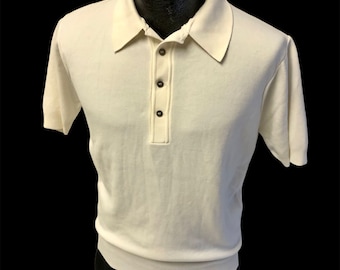 Vintage 50 60's BVD White Ban Lon Solid Mod TEXTURED Nylon ROCKABILLY Polo Shirt M