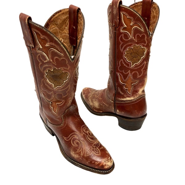 Vintage 70's Texas USA Brown Leather FLORAL INLAY Cowboy Western Riding Boots 7.5 1/2 M