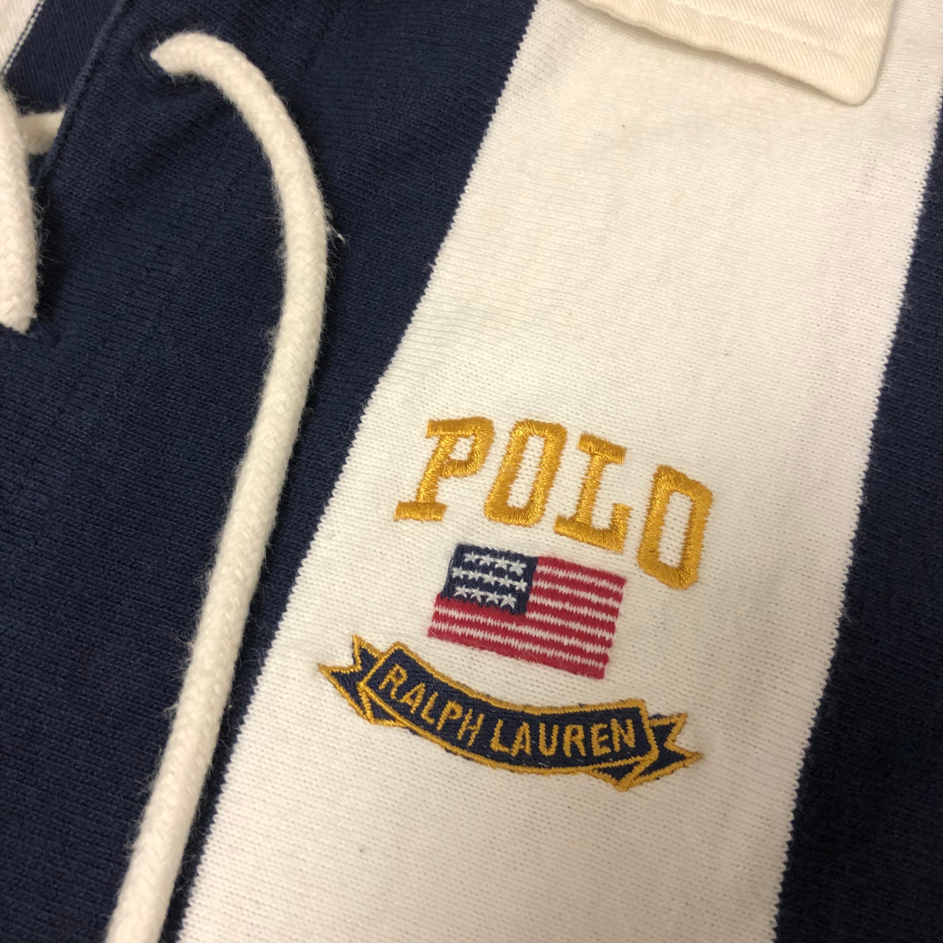 Vintage 80 90s Ralph Lauren USA NAUTICAL Blue Stripe Polo FLAG