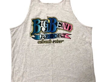 Vtg 90's Oneita HEATHER Gray Tank Top NEON Big Bend Resort Co RIVER Muscle Shirt