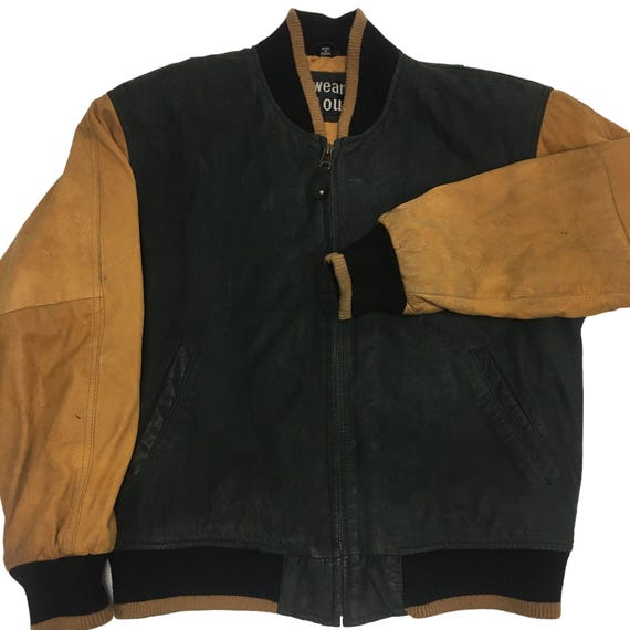 Vintage 80 90's U2 Wear Me Out Black 2 Tone Leather Bomber Vintage 80 90's U2 Wear Me Out Black 2 Tone Leather Bomber