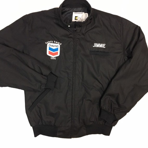 Vintage 1990 s Men Black Cafe Racer Bomber CHEVRON Oil Gas SACROC