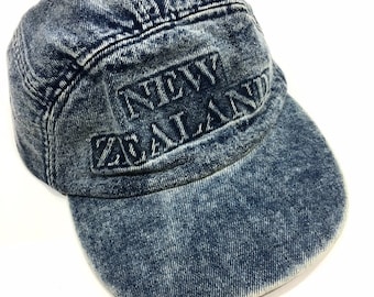 Vintage 80 90's ACID WASH Blue Jean Roughneck Denim Trucker Hat New ZELAND Baseball Cap