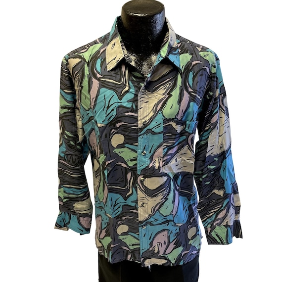 Vintage 80 90's JAB Men Blue Gray Swirl ABSTRACT Button Up Long Sleeve 100% SILK Shirt S
