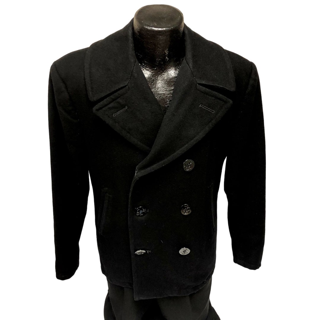 Vintage 90's Sterlingwear DSCP Men Black Wool PEA Coat