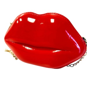 Vintage 80 90's Bolso Brillante Rojo BRILLANTE LABIOS Crossbody Pucker Up Clutch PARTY Monedero