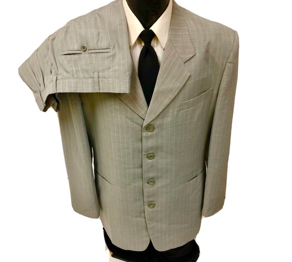 Vtg BESPOKE Men Sage Gray CHALK Stripe Light Weig… - image 1