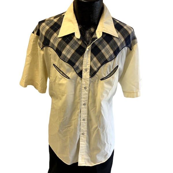 Vintage 60's Youngbloods Cowboy WESTERN Blue Plaid Yoke ROCKABILLY Pearl Snap Shirt XL