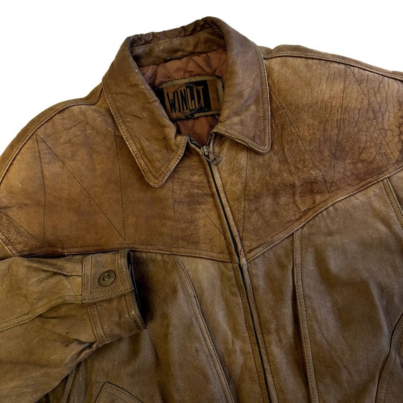 Vintage 80's Winlit Men Brown Soft Leather BOMBER… - image 5