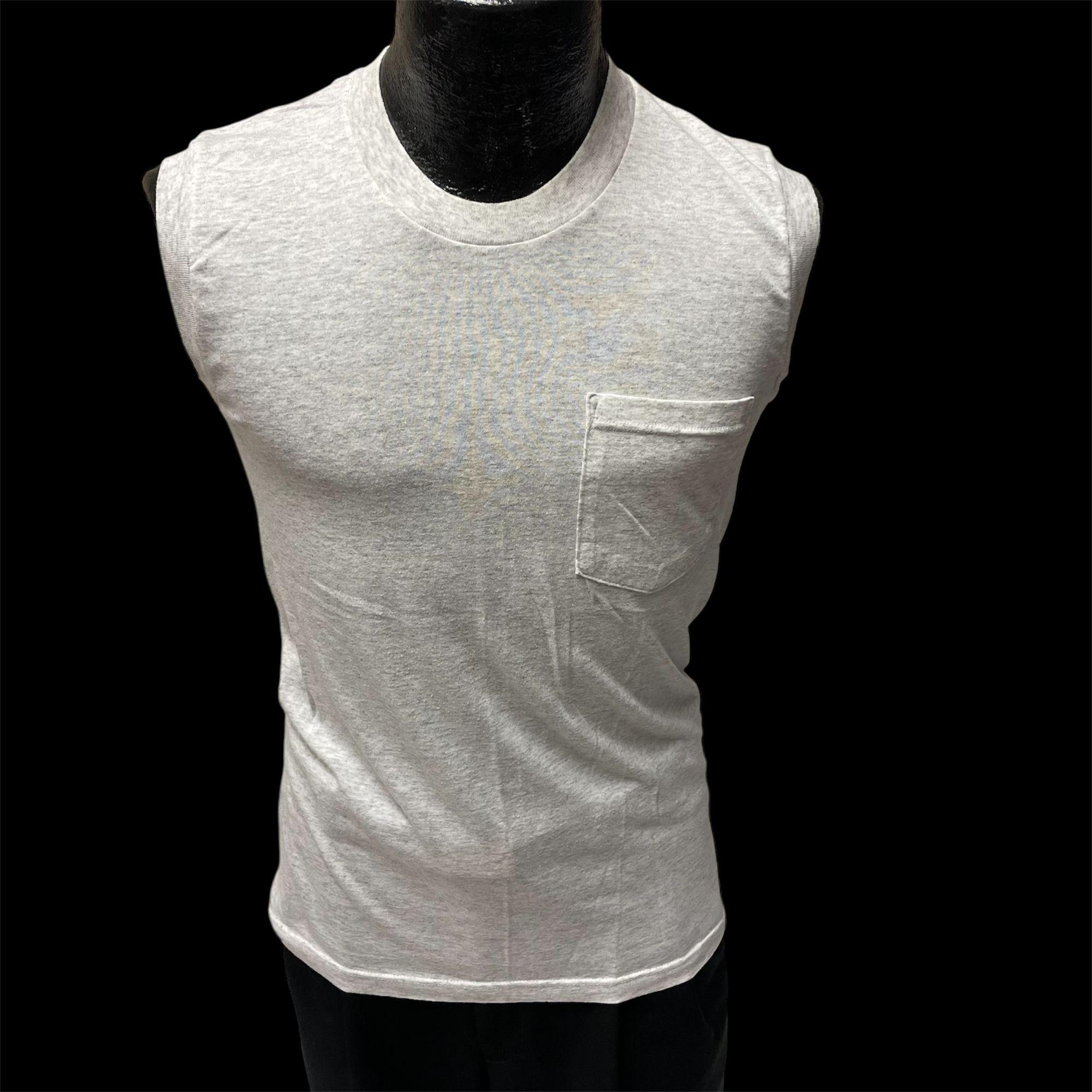 Vintage 80er Jahre Herren Heather Grey Ärmelloses POCKET MUSCLE 50/50 T-Shirt M 38-40
