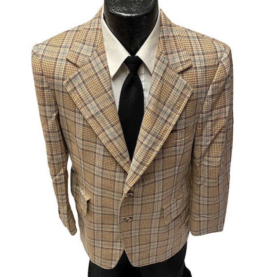 Vintage 70's Bonds Men's Beige Herringbone Sport Coat Blue