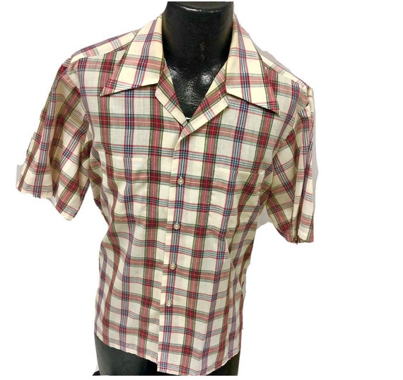 Vtg 70’s Men Red Blue SHADOW PLAID Button Down Bu… - image 1