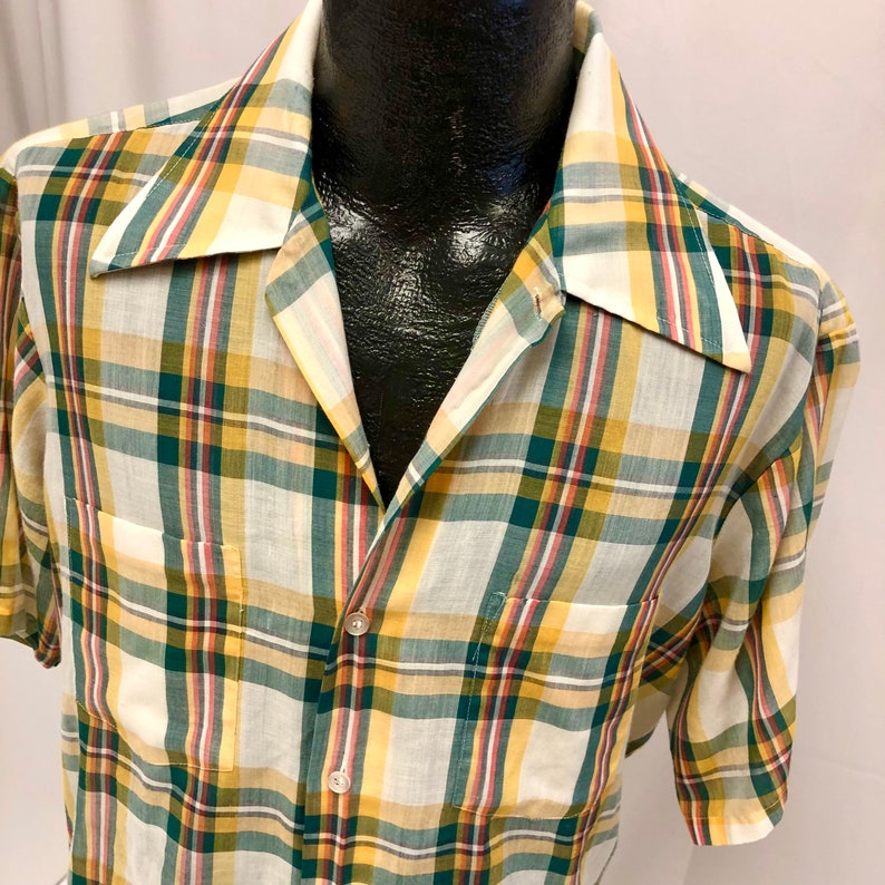 Vintage 50 60's JcPenney Men Yellow Green SHADOW PLAID MoD Short Sleeve Ultra THIN Soft Rockabilly Shirt L image 4