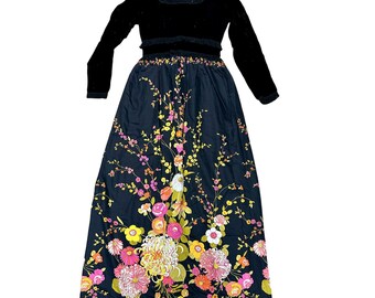 Vintage 60 70's Futura Couture NY Black VELVET Fringe FLORAL Satin Dress Avant Garde Cocktail Maxi xs