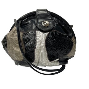 Vintage 80's bolso de cuero negro plateado EXOTIC Print PATCHWORK bolso de hombro