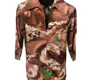 Vintage 40’s Hand Made Brown Mauve Hawaiian Village Smock Pull over TIKI SURFERS Aloha Shirt L