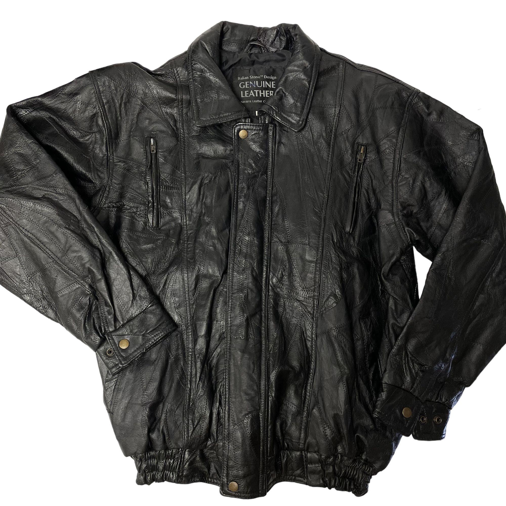 Vintage 80's Navarre Italian STONE Design Black Leather BOMBER