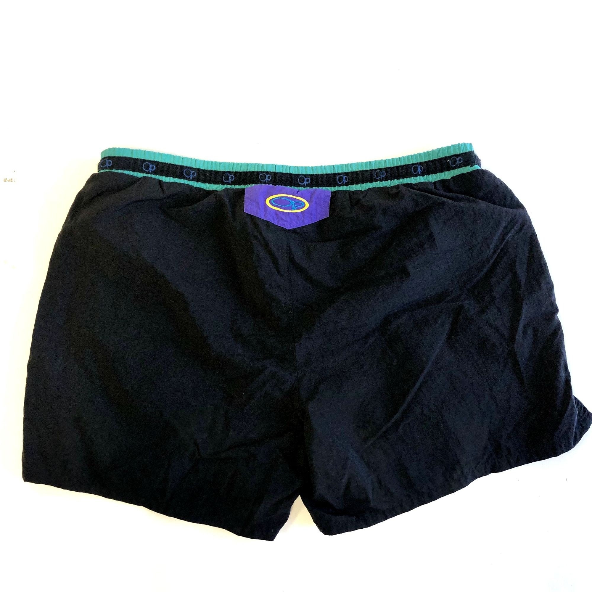 Vintage 80's OP Ocean Pacific Black Swim Shorts LOGO Trim