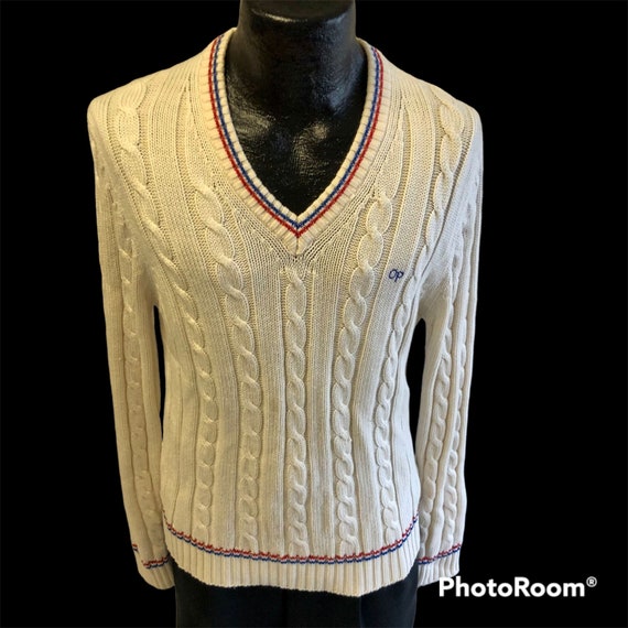 Vintage 70 80's Ocean Pacific V-Neck OP Logo Cable KNIT Golf RINGER Surfer Sweater M