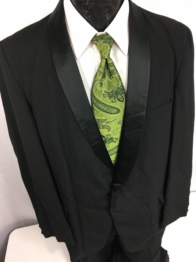 mj Vtg Vintage 50/'s Men Black ROCKABILLY Tux Satin Shawl Collar Wool Prom Formal Wedding Tuxedo SMOKING Suit 42 R 2928