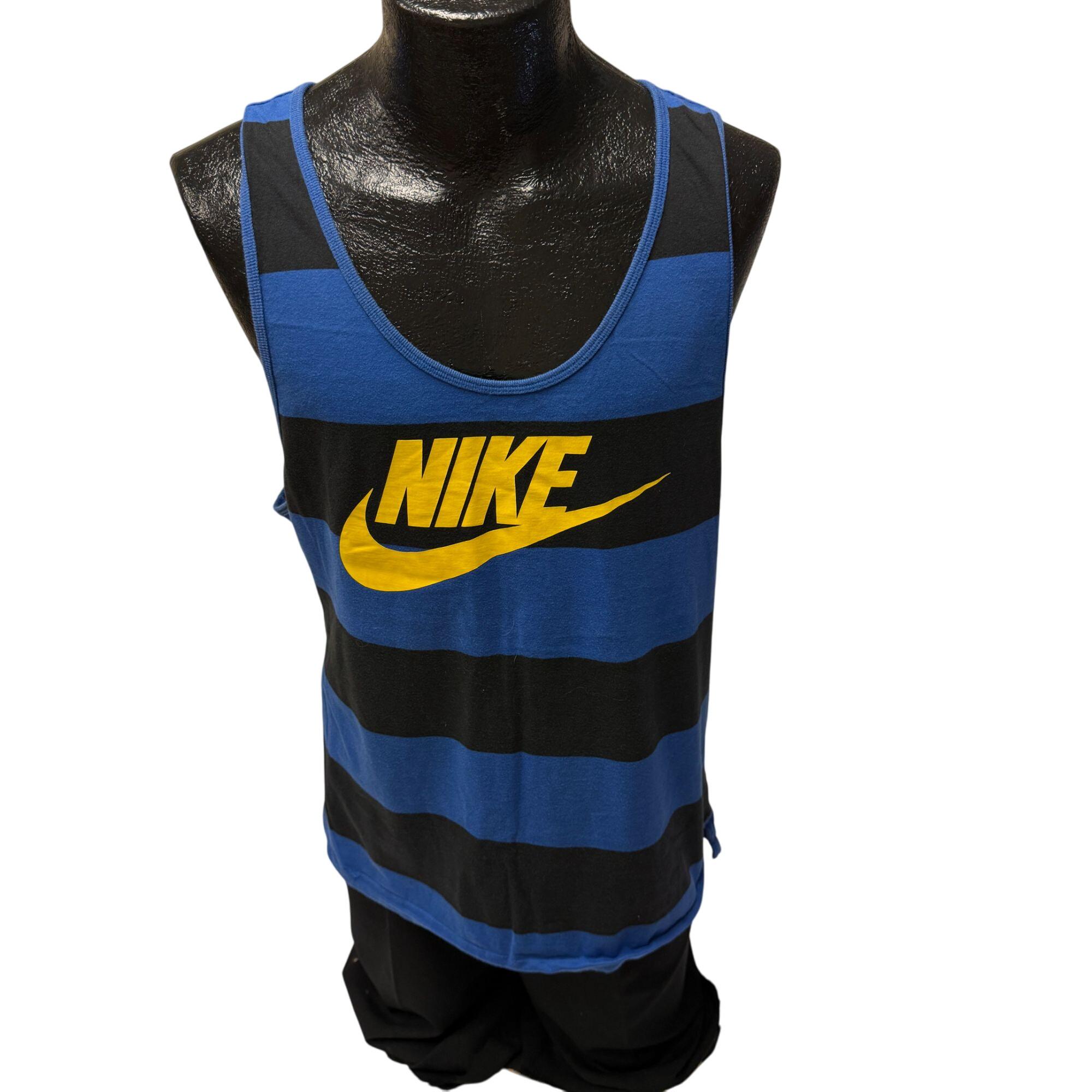 Vintage 80 90's Nike Blue WIDE Stripe Tank Top Yellow Spell Out