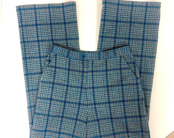 Vintage 70's Jack Winter Aqua Blue Houndstooth MoD DISCO Party Golf Pants BELL BOTTOMS Knit 30/32Trousers